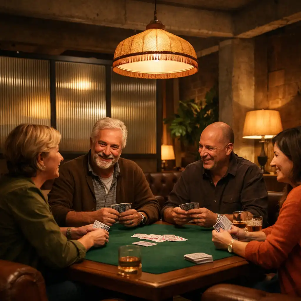 Small group talking around a card table in a relaxed industrial lounge