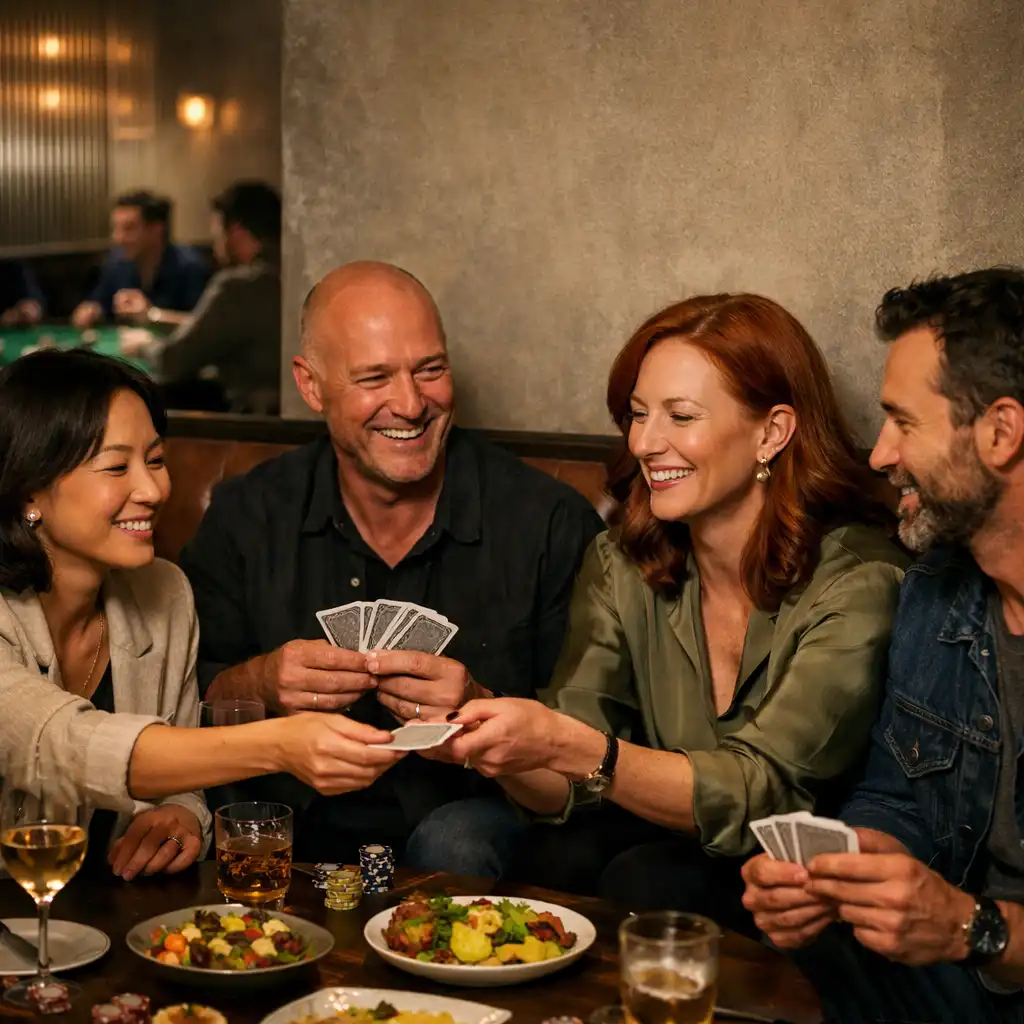 Friends talking over dishes and physical cards in the Czesław Jabłoński 