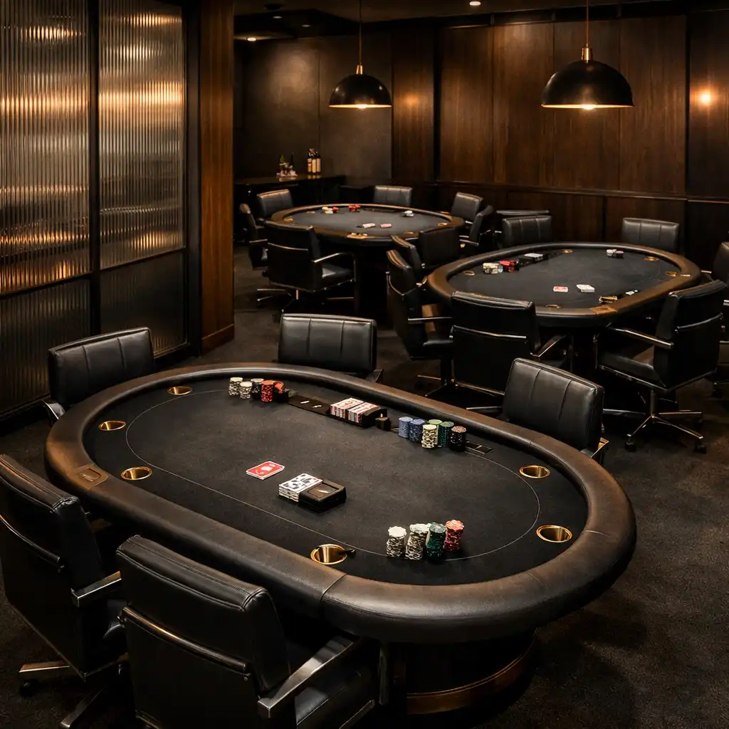 Professional poker tables, leather seating and ribbed-glass details in the Card Room