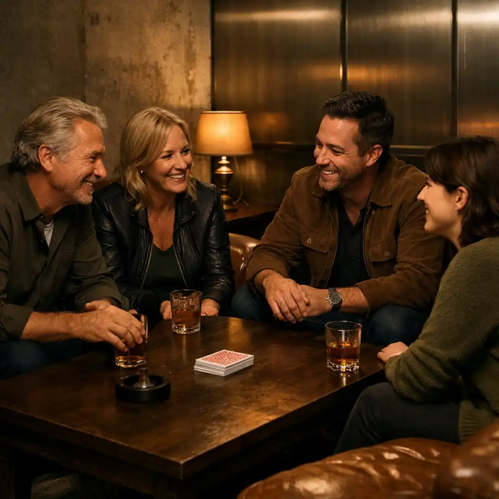 Guests in relaxed conversation around a low table in the adjoining Card Lounge