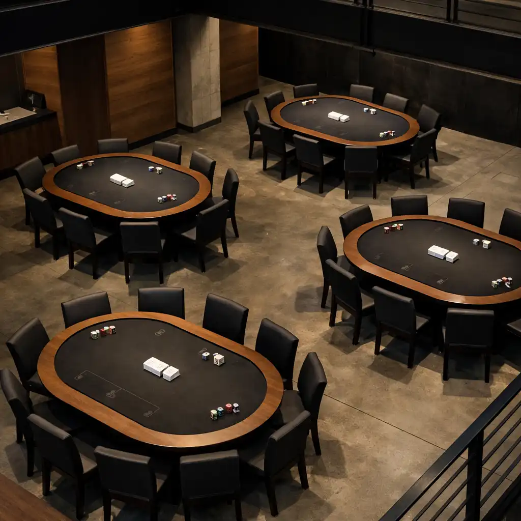 Overhead view of poker tables, chairs and clear circulation paths in the Card Room