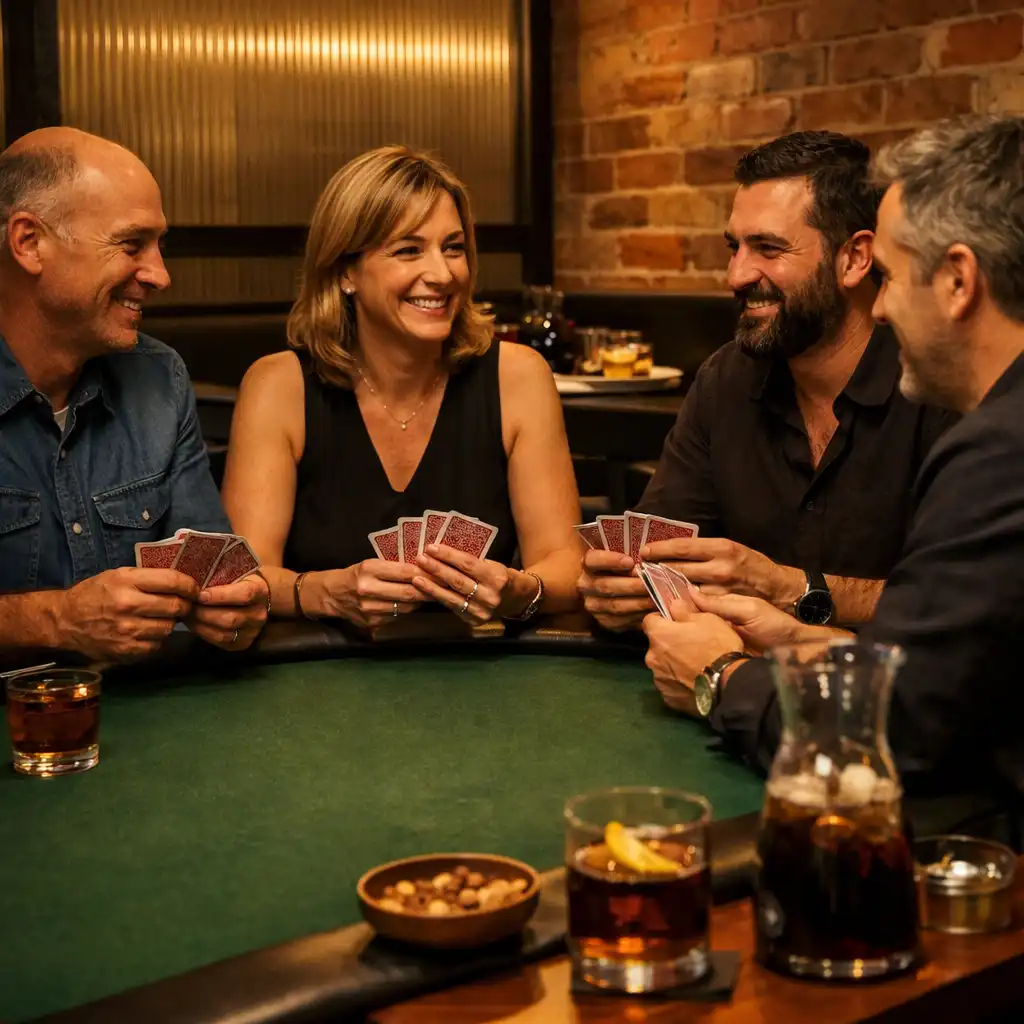 Friends with refreshments and physical cards around a warmly lit poker table.