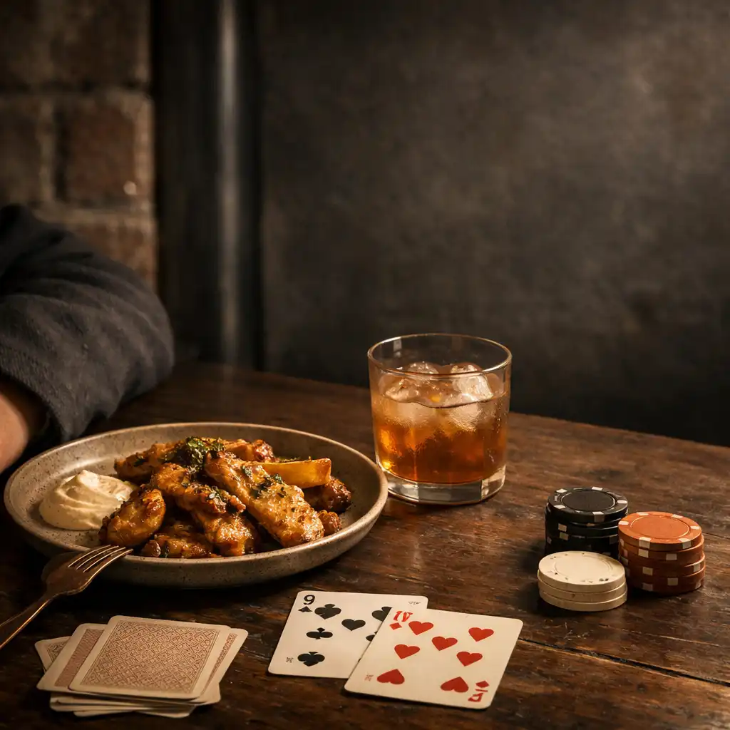 Share food, a drink, cards and chips arranged on a dark timber lounge table