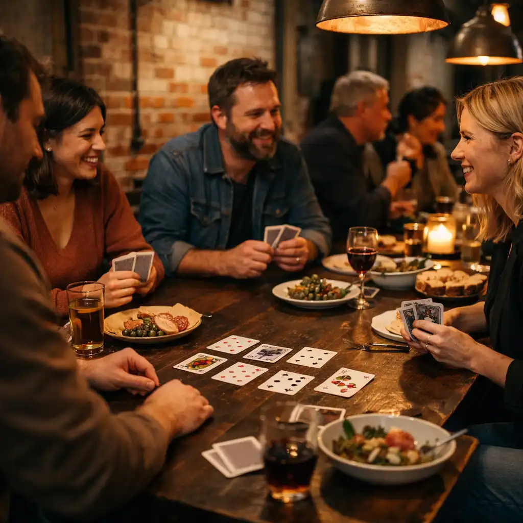 Guests sharing food, conversation and physical cards around a long timber table