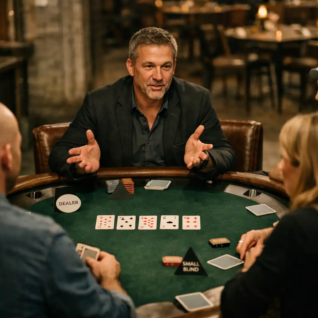 A host speaking with guests around a physical poker table in the card room