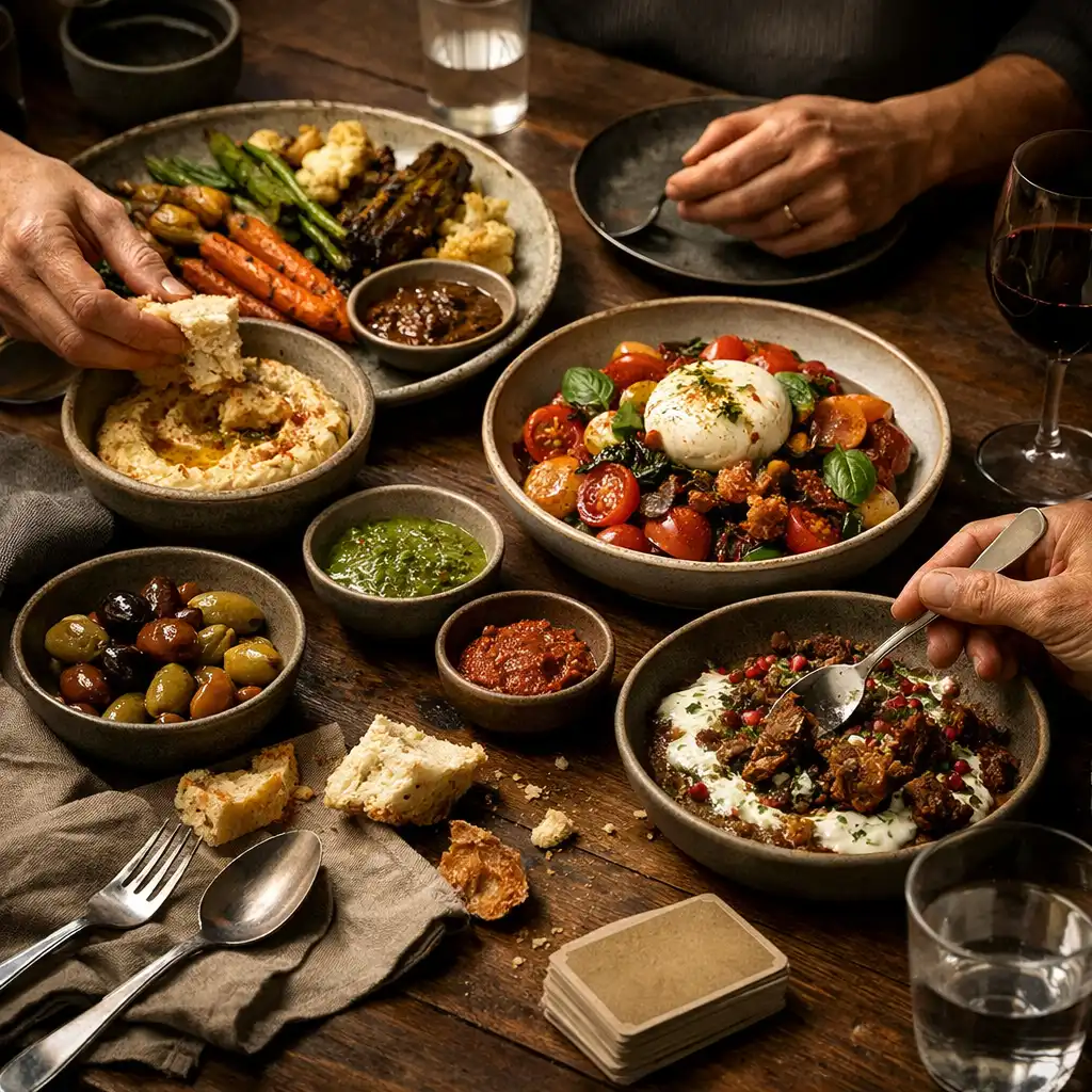 Shared dishes, ceramic bowls and hands reaching across a dark timber restaurant table.