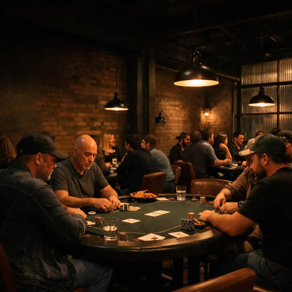 Guests gathered around dark timber poker tables during an offline poker evening at Czesław Jabłoński 