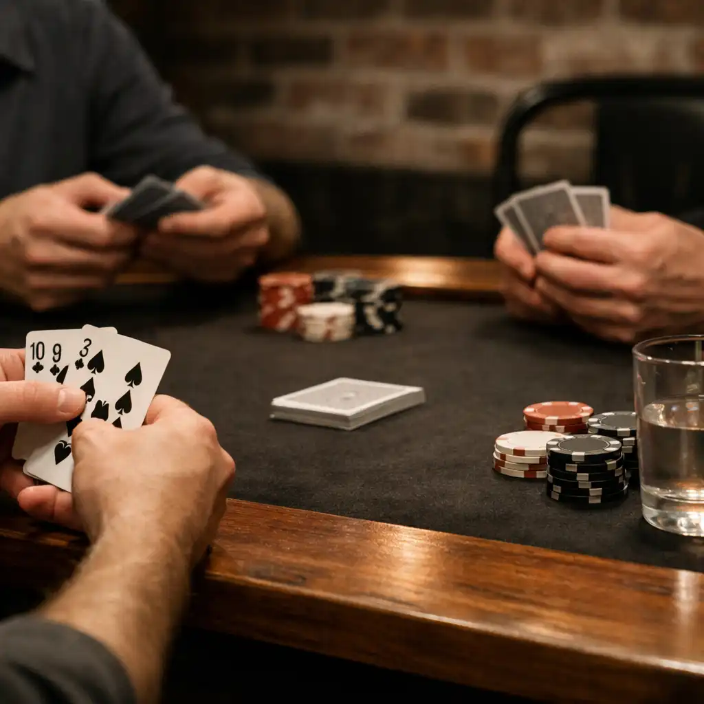 Hands holding and dealing physical playing cards across a dark timber poker table