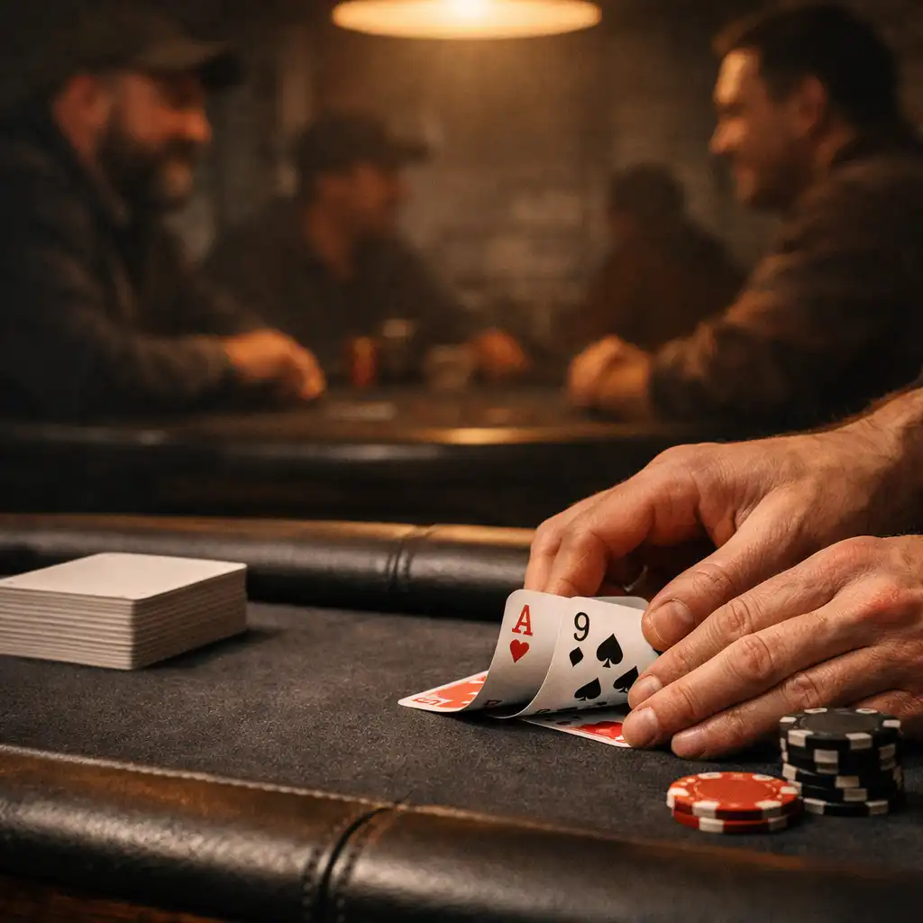 Hands arranging physical playing cards on a charcoal-felt poker table