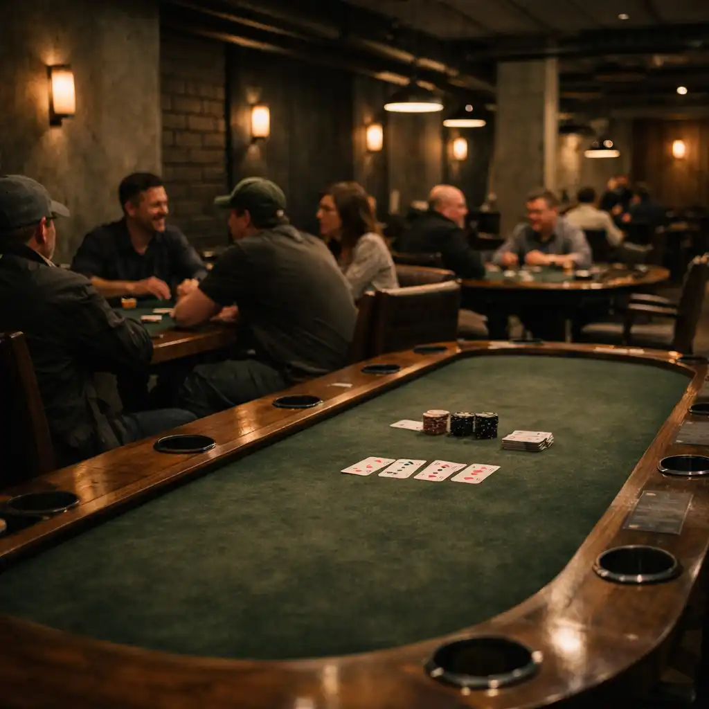 Long felt-topped poker table with guests seated in a refined industrial card room