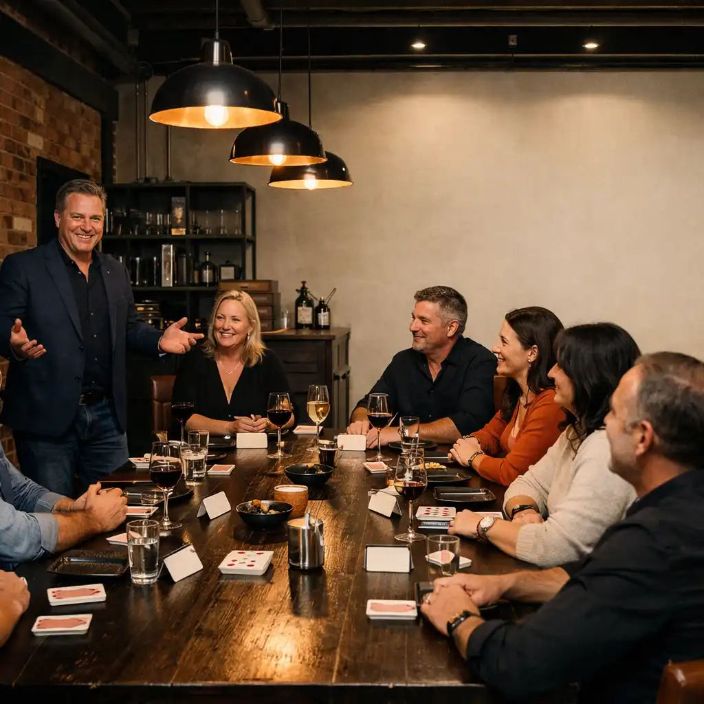 A private group gathered around a long timber table prepared for dinner and cards