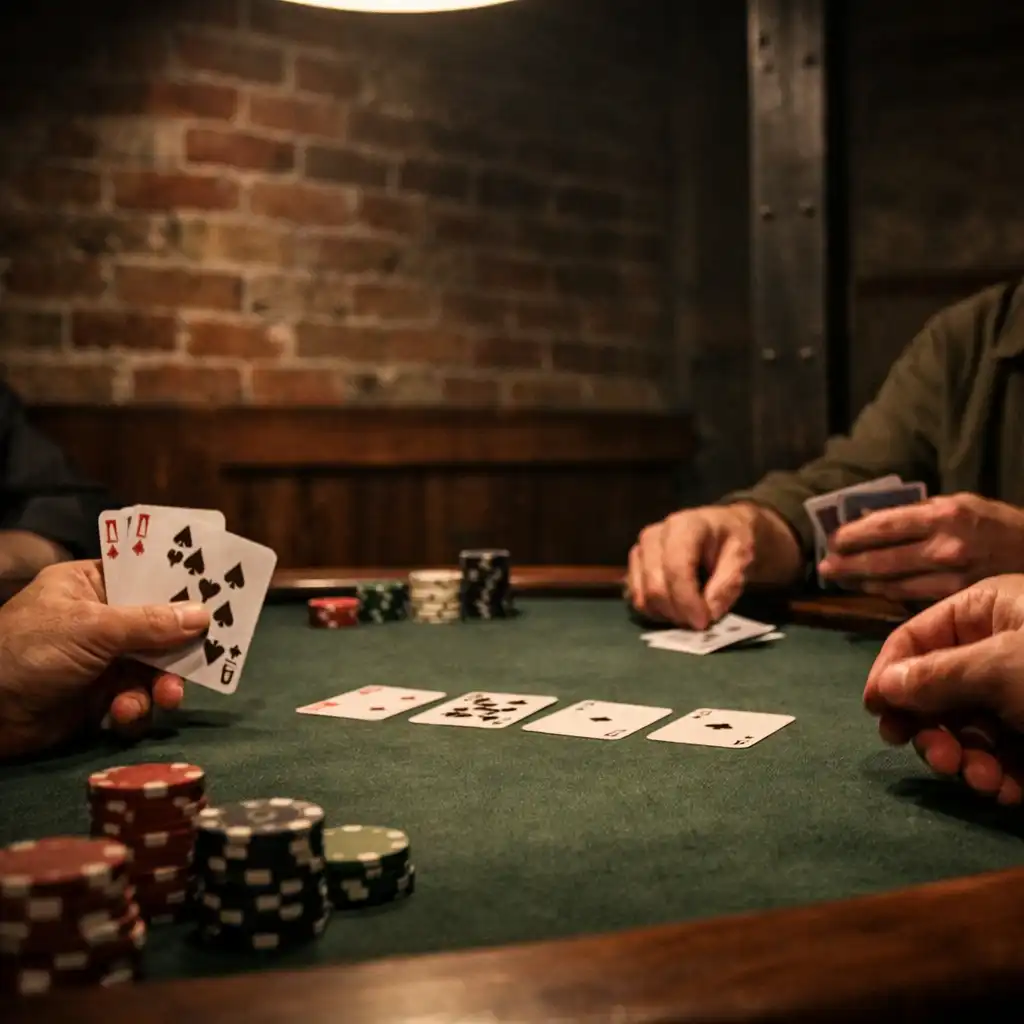 Adult hands holding and dealing physical playing cards across a green felt table