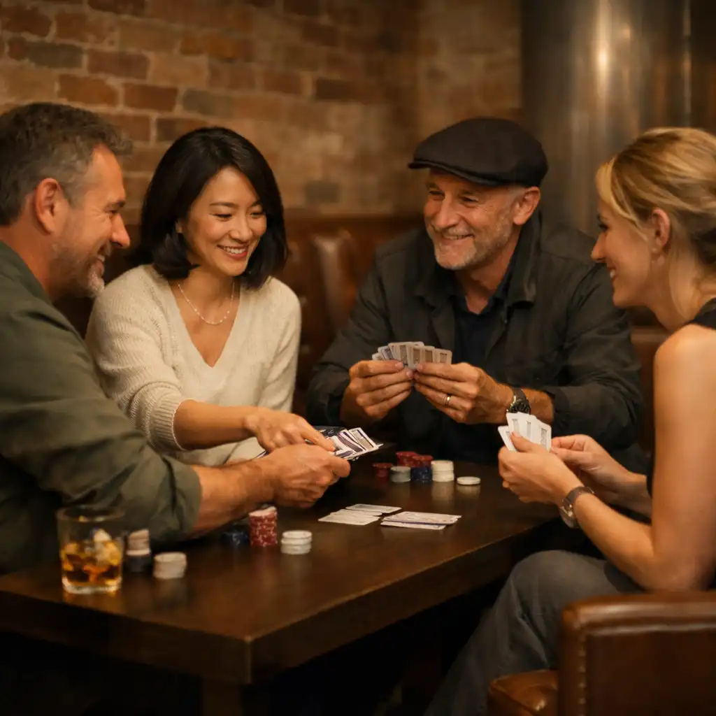 Friends dealing physical cards at a small timber table in the Card Lounge