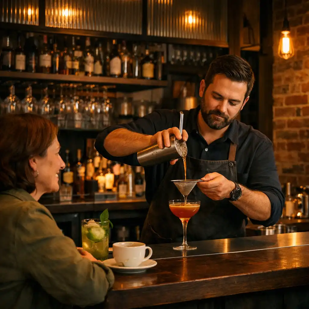 Bartender pouring a drink while guests talk at an industrial restaurant bar