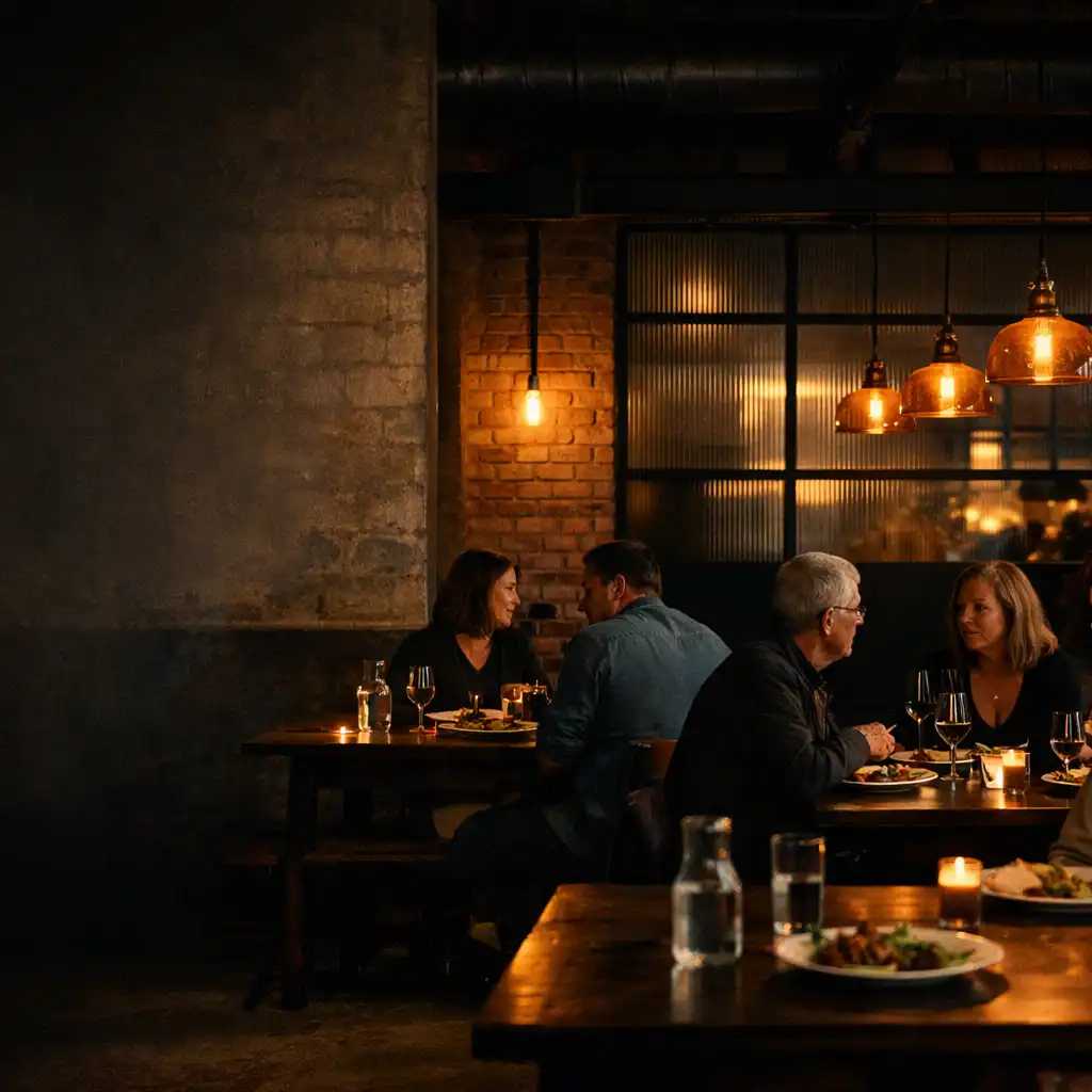 A warmly lit Stary Dzików dining room with guests talking across dark timber tables