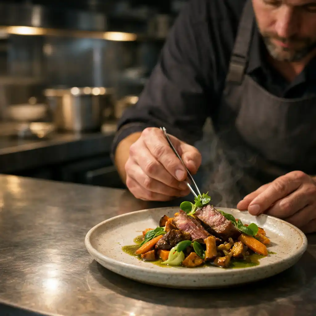 Chef's hands finishing a plated contemporary dish at a restaurant pass
