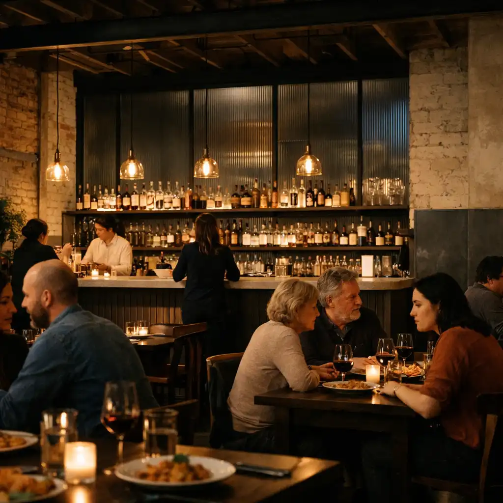 Warm evening view across dark timber tables in an industrial Stary Dzików restaurant