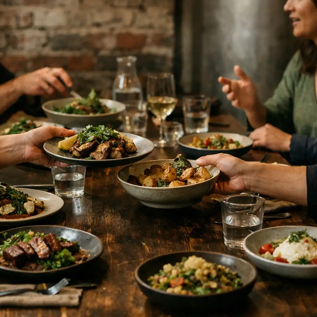 Guests sharing plated dishes and conversation at a dark timber dining table